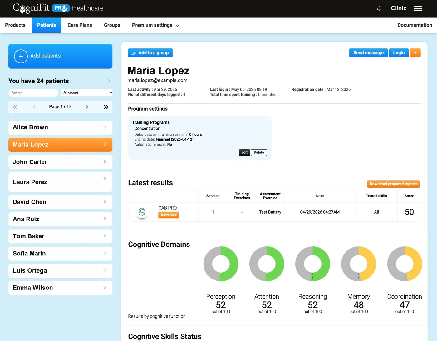 CogniFit PRO Healthcare: a patient record with the assigned training program, the latest assessment result and the scores by cognitive domain