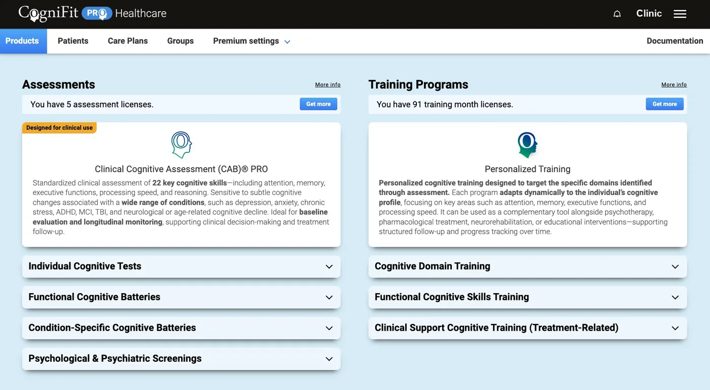 CogniFit PRO Healthcare: the products page with the assessment and training licenses available to the professional