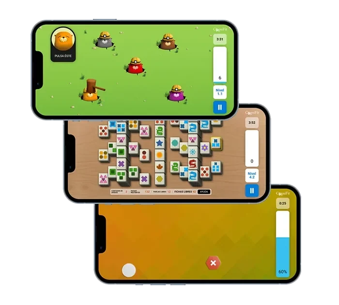 Three phones running CogniFit training tasks: a reaction task with moles, a mahjong-style matching task and a tracking task, each with its timer and level